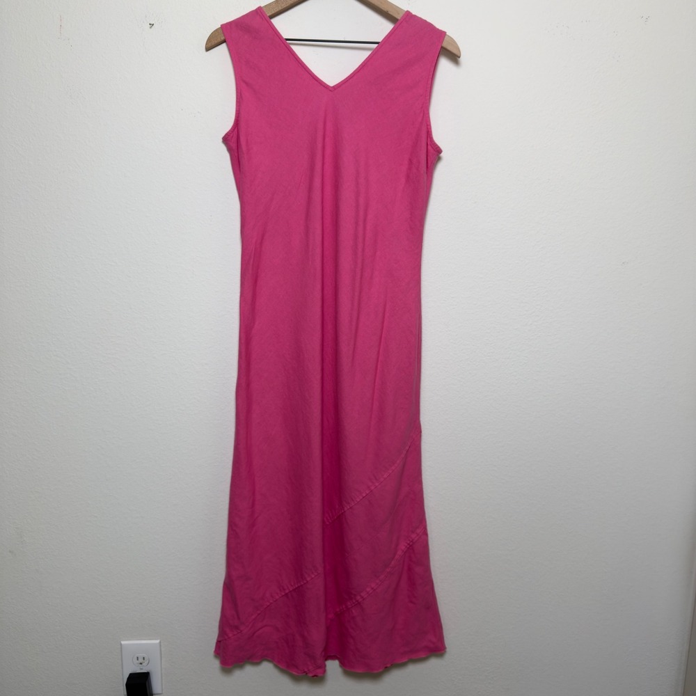 VTG‎ 90s Women Linen Whimsy Dress Medium Petite Pink Lagenlook Coastal